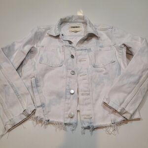 L'AGENCE Distressed Denim Jacket in White and Light Blue Acxents In Size Small